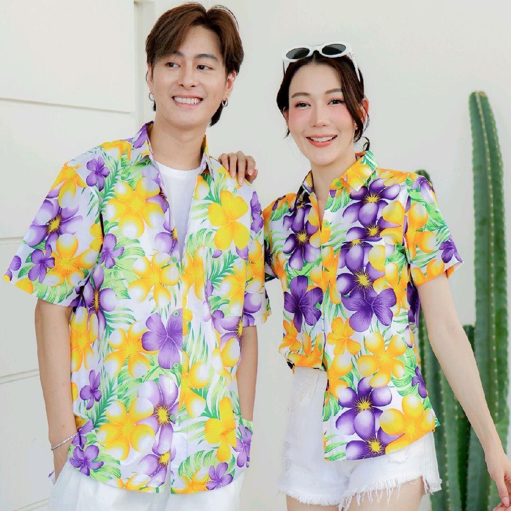 P07เสื้อเชิ้ตลายดอก ผ้าคอตตอน100% สีไม่ตก ผ้าไม่หด มีไซส์หญิงชาย งานป้ายKTIERออกแบบเอง*1ตัว*