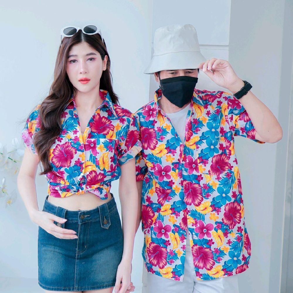 PINK05 เสื้อเชิ้ตลายดอก ผ้าคอตตอน100% สีไม่ตก ผ้าไม่หด ลายคมชัด มีไซส์หญิงชาย 34-56นิ้ว งานป้ายKTIER*1ตัว*