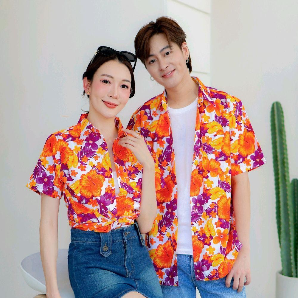 PINK05 เสื้อเชิ้ตลายดอก ผ้าคอตตอน100% สีไม่ตก ผ้าไม่หด ลายคมชัด มีไซส์หญิงชาย 34-56นิ้ว งานป้ายKTIER*1ตัว*