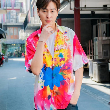 P019เสื้อฮาวายลายใหม่2025 สาดสีSongkran ทรงวัยรุ่น หญิงชายใส่ได้ ผ้าโพลีพรีเมี่ยม ไซส์38-56นิ้ว งานปัาย ลายคมชัด  *1ตัว*