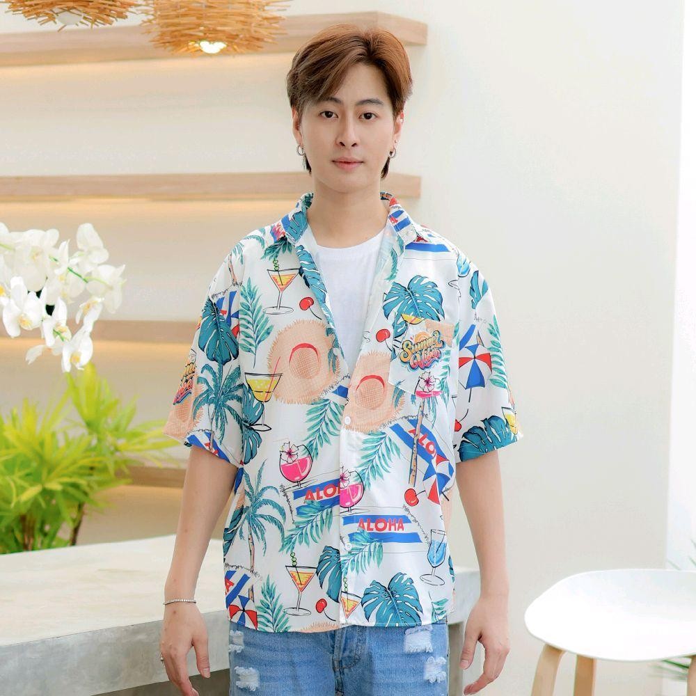 PINK3131 เสื้อฮาวายลายดอก ทรงวัยรุ่น หญิงชายใส่ได้ มีไซส์38-56นิ้ว ผ้าโพลีพรีเมี่ยม งานปัาย ลายคมชัด **1ตัว**