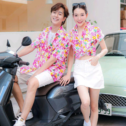 PINK015 เสื้อเชิ้ตลายดอก ผ้าคอตตอน100% สีไม่ตก ผ้าไม่หด ลายคมชัด มีไซส์หญิงชาย 34-56นิ้ว งานป้ายKTIER*1ตัว*