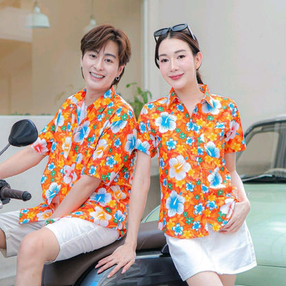 PINK010 เสื้อเชิ้ตลายดอก ผ้าคอตตอน100% สีไม่ตก ผ้าไม่หด ลายคมชัด มีไซส์หญิงชาย 34-54นิ้ว งานป้ายKTIER*1ตัว*