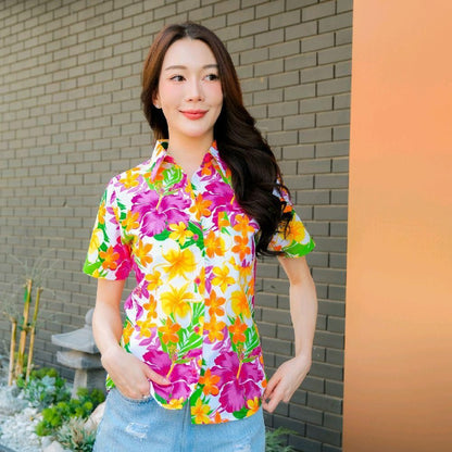 Pink08 เสื้อเชิ้ตลายดอก ผ้าคอตตอน100% สีไม่ตก ผ้าไม่หด ลายคมชัด มีไซส์หญิงชาย งานป้ายKTIERออกแบบเอง*1ตัว*