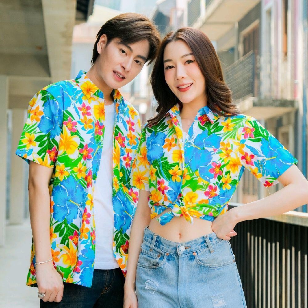 Pink08 เสื้อเชิ้ตลายดอก ผ้าคอตตอน100% สีไม่ตก ผ้าไม่หด ลายคมชัด มีไซส์หญิงชาย งานป้ายKTIERออกแบบเอง*1ตัว*