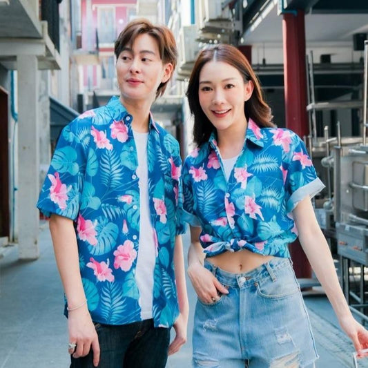 PINK3129 เสื้อฮาวายลายใหม่2025  ทรงวัยรุ่น หญิงชายใส่ได้ ผ้าโพลีพรีเมี่ยม ไซส์38-56นิ้ว งานปัาย ลายคมชัด  **1ตัว**