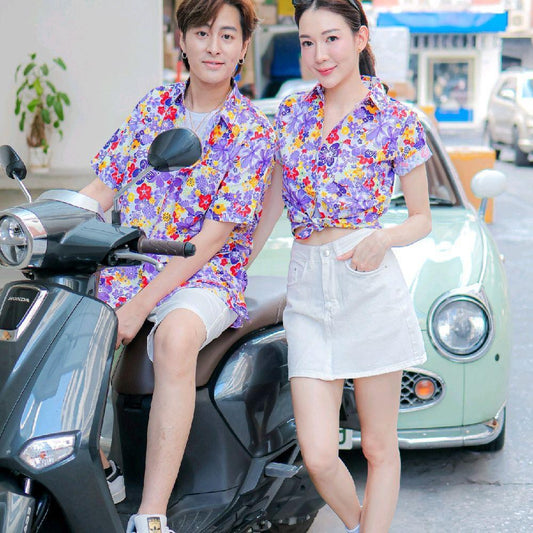 PINK015 เสื้อเชิ้ตลายดอก ผ้าคอตตอน100% สีไม่ตก ผ้าไม่หด ลายคมชัด มีไซส์หญิงชาย 34-56นิ้ว งานป้ายKTIER*1ตัว*
