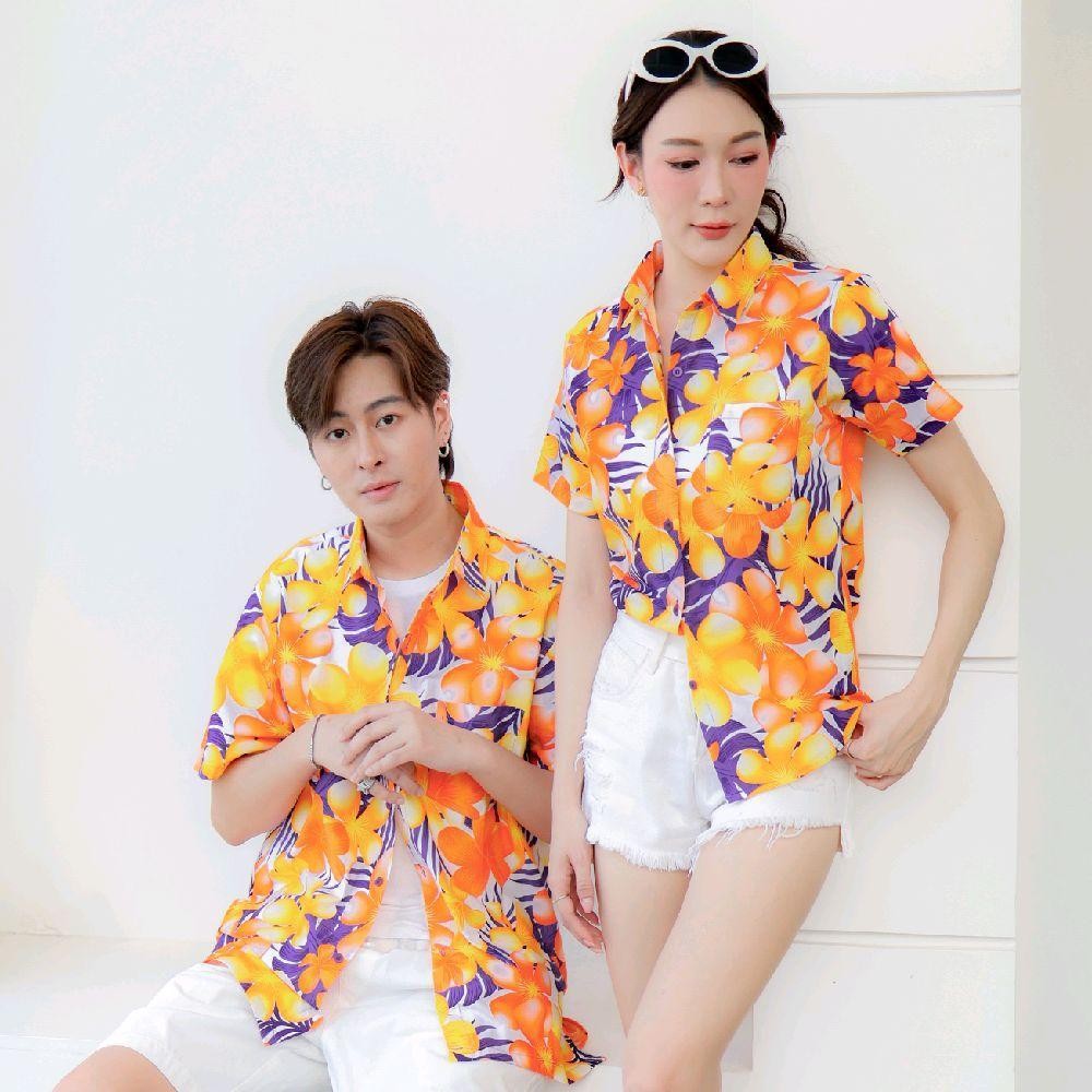 P07เสื้อเชิ้ตลายดอก ผ้าคอตตอน100% สีไม่ตก ผ้าไม่หด มีไซส์หญิงชาย งานป้ายKTIERออกแบบเอง*1ตัว*