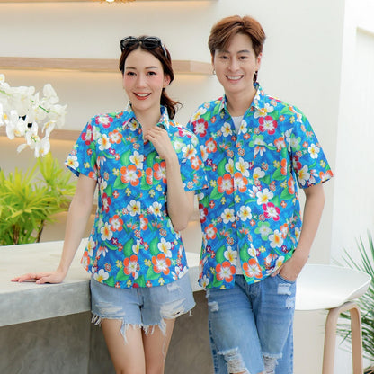 PINK01 เสื้อเชิ้ตลายดอก ผ้าคอตตอน100% สีไม่ตก ผ้าไม่หด ลายคมชัด มีไซส์หญิงชาย 34-56นิ้ว งานป้ายKTIER*1ตัว*