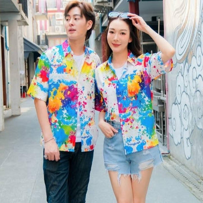 Pink3122เสื้อฮาวายลายใหม่2025 สาดสีSongkran ทรงวัยรุ่น หญิงชายใส่ได้ ผ้าโพลีพรีเมี่ยมไซส์38-56นิ้ว งานปัาย ลายคมชัด*1ตัว