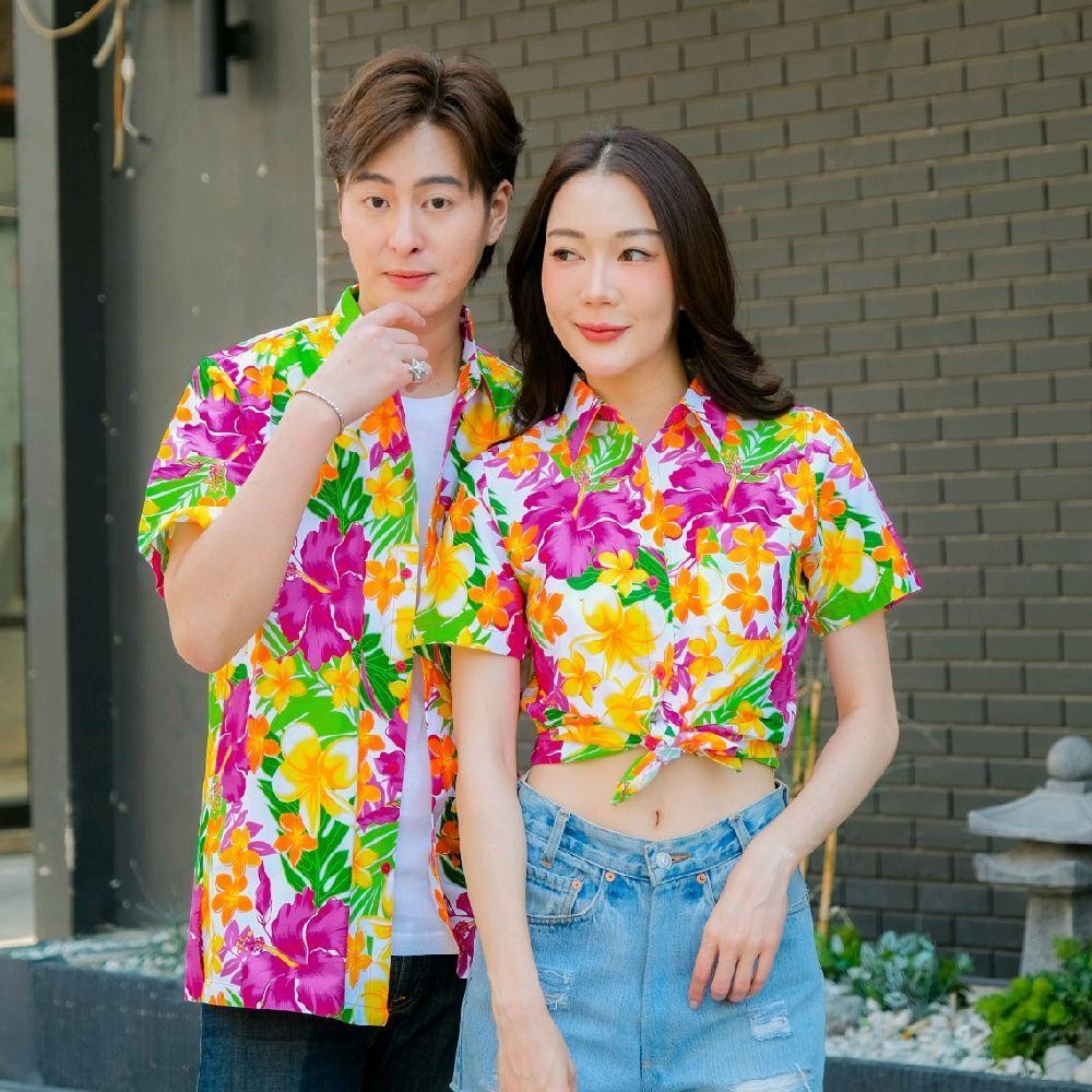 Pink08 เสื้อเชิ้ตลายดอก ผ้าคอตตอน100% สีไม่ตก ผ้าไม่หด ลายคมชัด มีไซส์หญิงชาย งานป้ายKTIERออกแบบเอง*1ตัว*