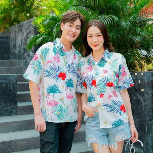 PINK3132 เสื้อฮาวายลายใหม่2025 ทรงวัยรุ่น หญิงชายใส่ได้ ผ้าโพลีพรีเมี่ยม ไซส์38-56นิ้ว งานปัายKTIERออกแบบเอง**1ตัว*