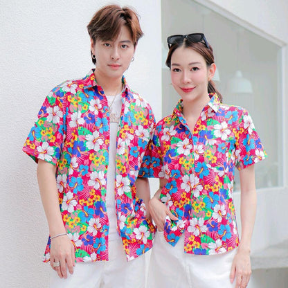 Pink027 เสื้อเชิ้ตลายดอก ผ้าคอตตอน100% สีไม่ตก ผ้าไม่หด ลายคมชัด มีไซส์หญิงชาย 34-54นิ้ว งานป้ายKTIER*1ตัว*