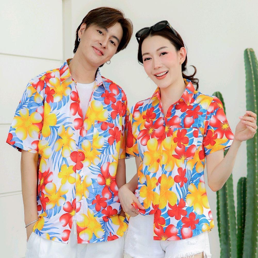 P07เสื้อเชิ้ตลายดอก ผ้าคอตตอน100% สีไม่ตก ผ้าไม่หด มีไซส์หญิงชาย งานป้ายKTIERออกแบบเอง*1ตัว*