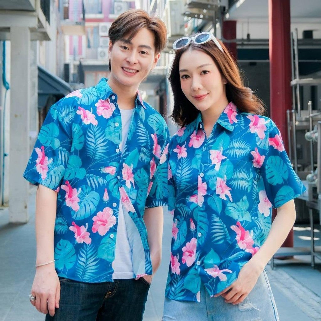 PINK3129 เสื้อฮาวายลายใหม่2025  ทรงวัยรุ่น หญิงชายใส่ได้ ผ้าโพลีพรีเมี่ยม ไซส์38-56นิ้ว งานปัาย ลายคมชัด  **1ตัว**