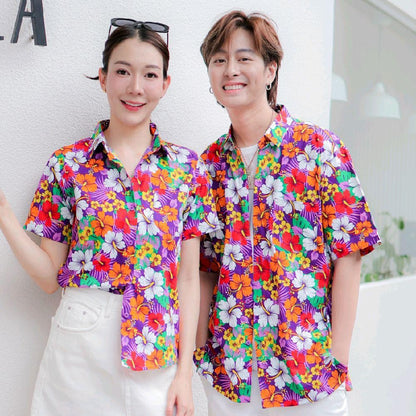 Pink027 เสื้อเชิ้ตลายดอก ผ้าคอตตอน100% สีไม่ตก ผ้าไม่หด ลายคมชัด มีไซส์หญิงชาย 34-54นิ้ว งานป้ายKTIER*1ตัว*