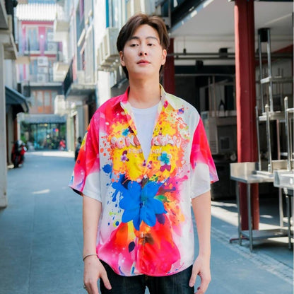 P019เสื้อฮาวายลายใหม่2025 สาดสีSongkran ทรงวัยรุ่น หญิงชายใส่ได้ ผ้าโพลีพรีเมี่ยม ไซส์38-56นิ้ว งานปัาย ลายคมชัด  *1ตัว*