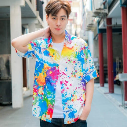 Pink3122เสื้อฮาวายลายใหม่2025 สาดสีSongkran ทรงวัยรุ่น หญิงชายใส่ได้ ผ้าโพลีพรีเมี่ยมไซส์38-56นิ้ว งานปัาย ลายคมชัด*1ตัว