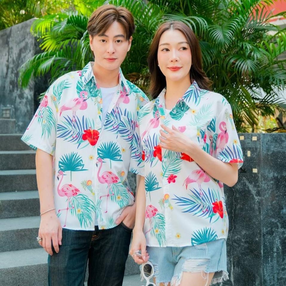 PINK3132 เสื้อฮาวายลายใหม่2025 ทรงวัยรุ่น หญิงชายใส่ได้ ผ้าโพลีพรีเมี่ยม ไซส์38-56นิ้ว งานปัายKTIERออกแบบเอง**1ตัว*