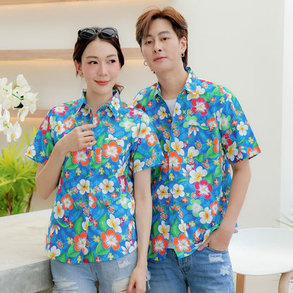 PINK01 เสื้อเชิ้ตลายดอก ผ้าคอตตอน100% สีไม่ตก ผ้าไม่หด ลายคมชัด มีไซส์หญิงชาย 34-56นิ้ว งานป้ายKTIER*1ตัว*