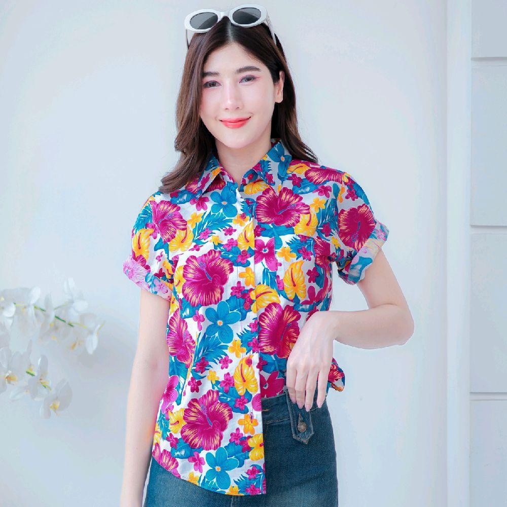 PINK05 เสื้อเชิ้ตลายดอก ผ้าคอตตอน100% สีไม่ตก ผ้าไม่หด ลายคมชัด มีไซส์หญิงชาย 34-56นิ้ว งานป้ายKTIER*1ตัว*