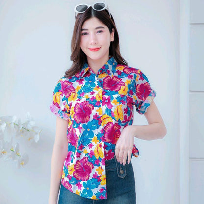 PINK05 เสื้อเชิ้ตลายดอก ผ้าคอตตอน100% สีไม่ตก ผ้าไม่หด ลายคมชัด มีไซส์หญิงชาย 34-56นิ้ว งานป้ายKTIER*1ตัว*