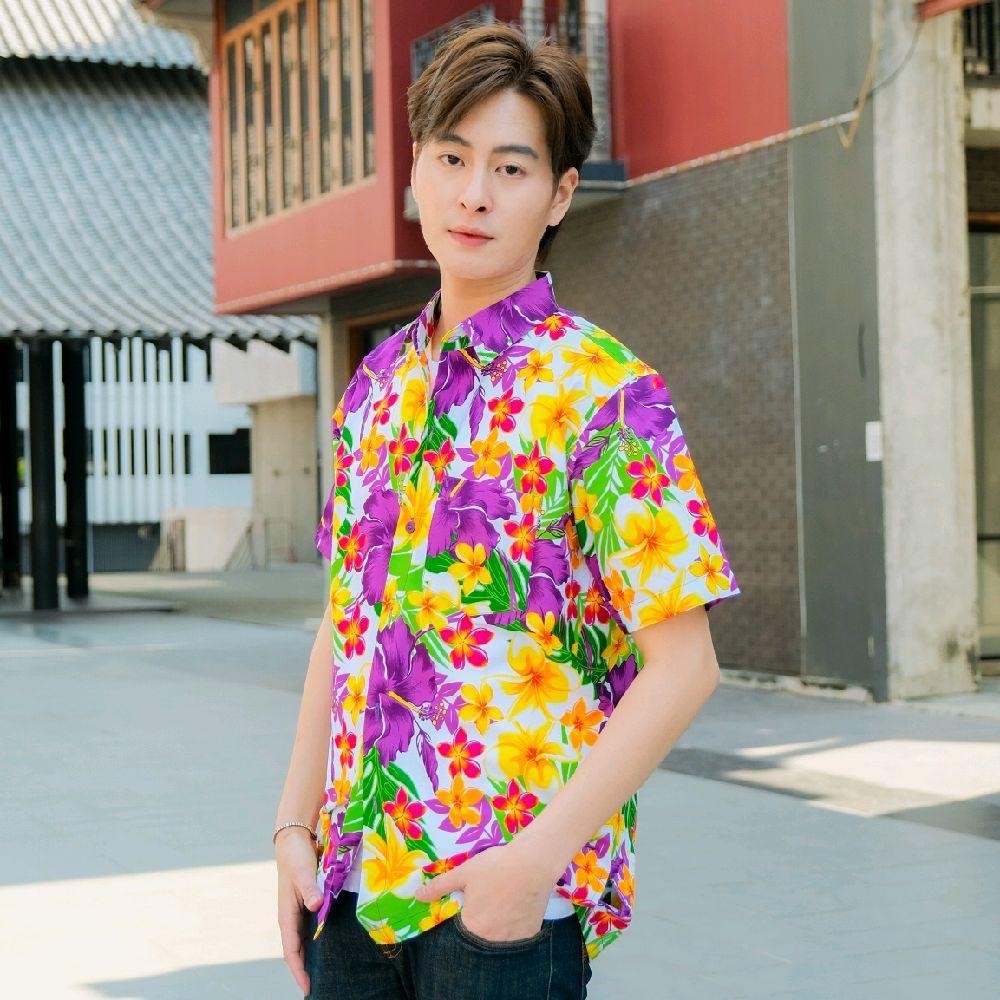 Pink08 เสื้อเชิ้ตลายดอก ผ้าคอตตอน100% สีไม่ตก ผ้าไม่หด ลายคมชัด มีไซส์หญิงชาย งานป้ายKTIERออกแบบเอง*1ตัว*