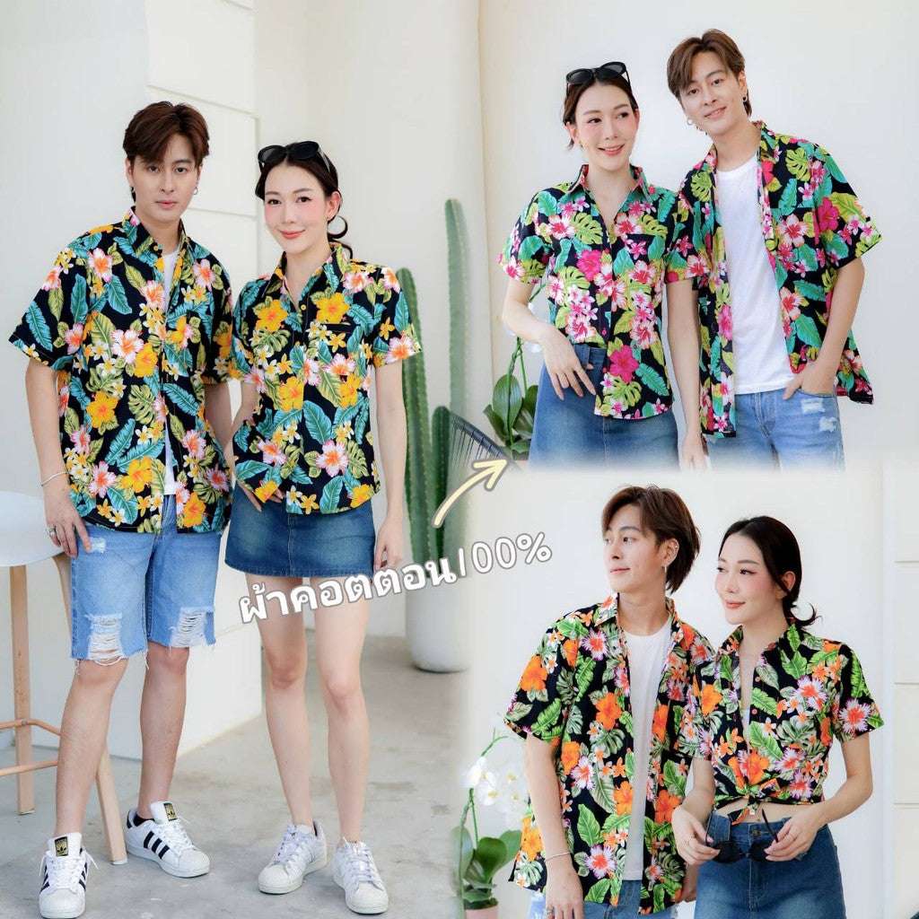 Pink09 เสื้อเชิ้ตลายดอก ผ้าคอตตอน100% สีไม่ตก ผ้าไม่หด ลายคมชัด มีไซส์หญิงชาย 34-56นิ้ว งานป้ายKTIERออกแบบเอง*1ตัว*