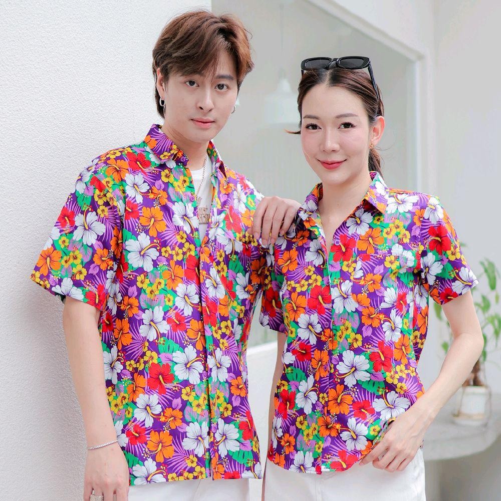Pink027 เสื้อเชิ้ตลายดอก ผ้าคอตตอน100% สีไม่ตก ผ้าไม่หด ลายคมชัด มีไซส์หญิงชาย 34-54นิ้ว งานป้ายKTIER*1ตัว*