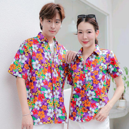 Pink027 เสื้อเชิ้ตลายดอก ผ้าคอตตอน100% สีไม่ตก ผ้าไม่หด ลายคมชัด มีไซส์หญิงชาย 34-54นิ้ว งานป้ายKTIER*1ตัว*