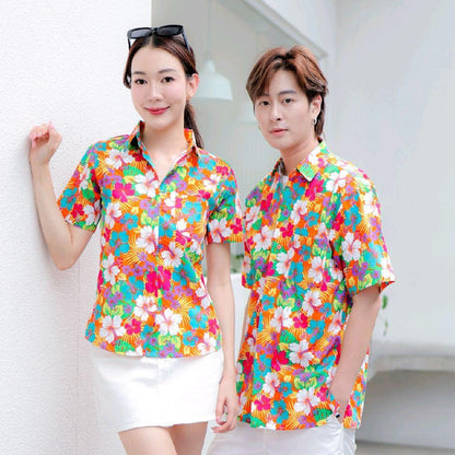 Pink027 เสื้อเชิ้ตลายดอก ผ้าคอตตอน100% สีไม่ตก ผ้าไม่หด ลายคมชัด มีไซส์หญิงชาย 34-54นิ้ว งานป้ายKTIER*1ตัว*