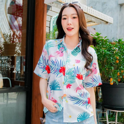 PINK3132 เสื้อฮาวายลายใหม่2025 ทรงวัยรุ่น หญิงชายใส่ได้ ผ้าโพลีพรีเมี่ยม ไซส์38-56นิ้ว งานปัายKTIERออกแบบเอง**1ตัว*