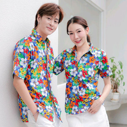 Pink027 เสื้อเชิ้ตลายดอก ผ้าคอตตอน100% สีไม่ตก ผ้าไม่หด ลายคมชัด มีไซส์หญิงชาย 34-54นิ้ว งานป้ายKTIER*1ตัว*