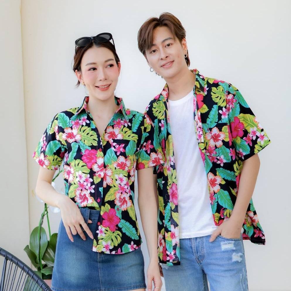 Pink09 เสื้อเชิ้ตลายดอก ผ้าคอตตอน100% สีไม่ตก ผ้าไม่หด ลายคมชัด มีไซส์หญิงชาย 34-56นิ้ว งานป้ายKTIERออกแบบเอง*1ตัว*