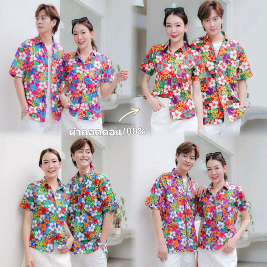 Pink027 เสื้อเชิ้ตลายดอก ผ้าคอตตอน100% สีไม่ตก ผ้าไม่หด ลายคมชัด มีไซส์หญิงชาย 34-54นิ้ว งานป้ายKTIER*1ตัว*
