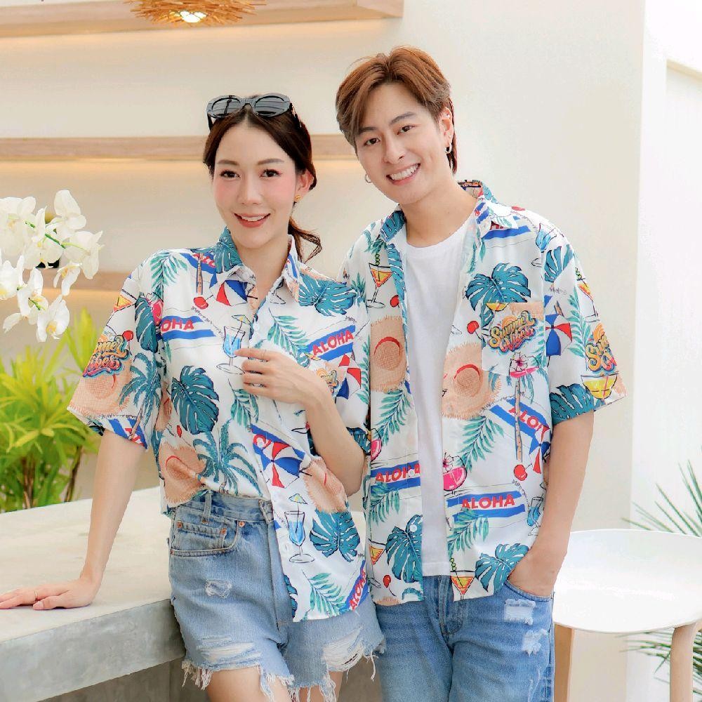 PINK3131 เสื้อฮาวายลายดอก ทรงวัยรุ่น หญิงชายใส่ได้ มีไซส์38-56นิ้ว ผ้าโพลีพรีเมี่ยม งานปัาย ลายคมชัด **1ตัว**