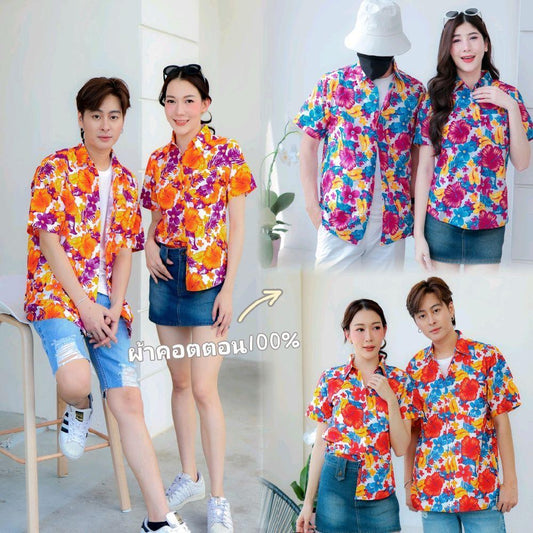 PINK05 เสื้อเชิ้ตลายดอก ผ้าคอตตอน100% สีไม่ตก ผ้าไม่หด ลายคมชัด มีไซส์หญิงชาย 34-56นิ้ว งานป้ายKTIER*1ตัว*