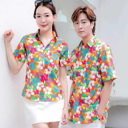 Pink027 เสื้อเชิ้ตลายดอก ผ้าคอตตอน100% สีไม่ตก ผ้าไม่หด ลายคมชัด มีไซส์หญิงชาย 34-54นิ้ว งานป้ายKTIER*1ตัว*