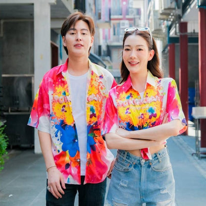 P019เสื้อฮาวายลายใหม่2025 สาดสีSongkran ทรงวัยรุ่น หญิงชายใส่ได้ ผ้าโพลีพรีเมี่ยม ไซส์38-56นิ้ว งานปัาย ลายคมชัด  *1ตัว*
