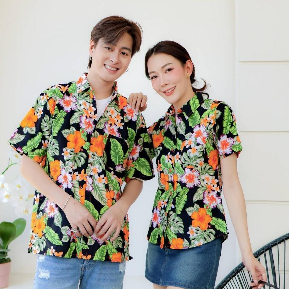 Pink09 เสื้อเชิ้ตลายดอก ผ้าคอตตอน100% สีไม่ตก ผ้าไม่หด ลายคมชัด มีไซส์หญิงชาย 34-56นิ้ว งานป้ายKTIERออกแบบเอง*1ตัว*