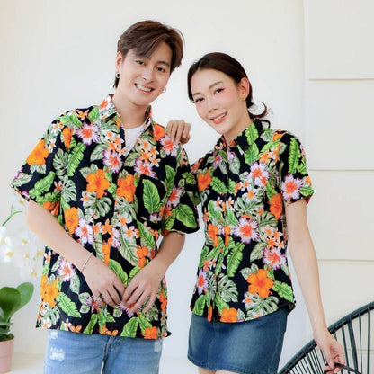 Pink09 เสื้อเชิ้ตลายดอก ผ้าคอตตอน100% สีไม่ตก ผ้าไม่หด ลายคมชัด มีไซส์หญิงชาย 34-56นิ้ว งานป้ายKTIERออกแบบเอง*1ตัว*
