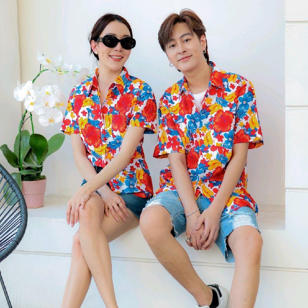 PINK05 เสื้อเชิ้ตลายดอก ผ้าคอตตอน100% สีไม่ตก ผ้าไม่หด ลายคมชัด มีไซส์หญิงชาย 34-56นิ้ว งานป้ายKTIER*1ตัว*