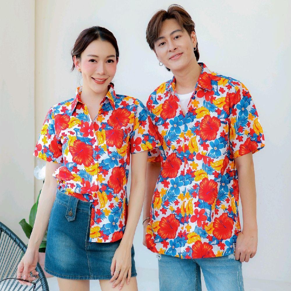 PINK05 เสื้อเชิ้ตลายดอก ผ้าคอตตอน100% สีไม่ตก ผ้าไม่หด ลายคมชัด มีไซส์หญิงชาย 34-56นิ้ว งานป้ายKTIER*1ตัว*