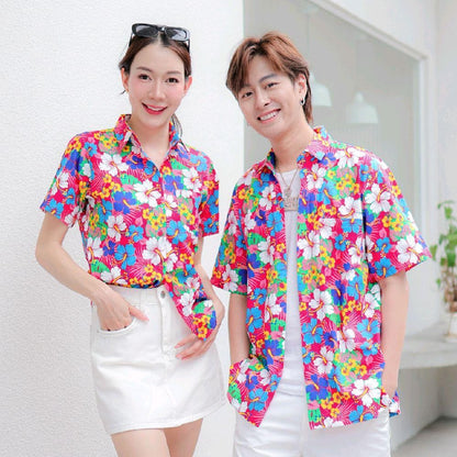 Pink027 เสื้อเชิ้ตลายดอก ผ้าคอตตอน100% สีไม่ตก ผ้าไม่หด ลายคมชัด มีไซส์หญิงชาย 34-54นิ้ว งานป้ายKTIER*1ตัว*
