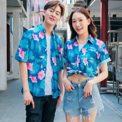 PINK3129 เสื้อฮาวายลายใหม่2025  ทรงวัยรุ่น หญิงชายใส่ได้ ผ้าโพลีพรีเมี่ยม ไซส์38-56นิ้ว งานปัาย ลายคมชัด  **1ตัว**