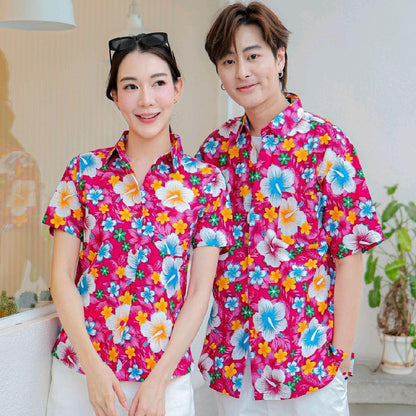 PINK010 เสื้อเชิ้ตลายดอก ผ้าคอตตอน100% สีไม่ตก ผ้าไม่หด ลายคมชัด มีไซส์หญิงชาย 34-54นิ้ว งานป้ายKTIER*1ตัว*