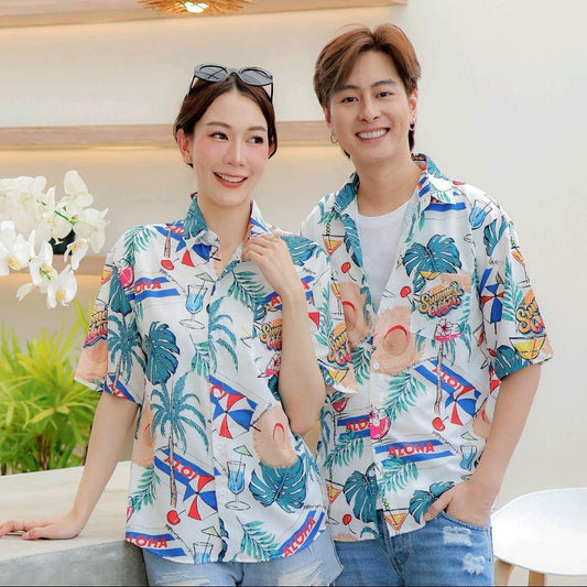 PINK3131 เสื้อฮาวายลายดอก ทรงวัยรุ่น หญิงชายใส่ได้ มีไซส์38-56นิ้ว ผ้าโพลีพรีเมี่ยม งานปัาย ลายคมชัด **1ตัว**