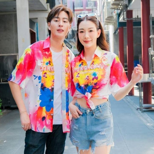 P019เสื้อฮาวายลายใหม่2025 สาดสีSongkran ทรงวัยรุ่น หญิงชายใส่ได้ ผ้าโพลีพรีเมี่ยม ไซส์38-56นิ้ว งานปัาย ลายคมชัด  *1ตัว*