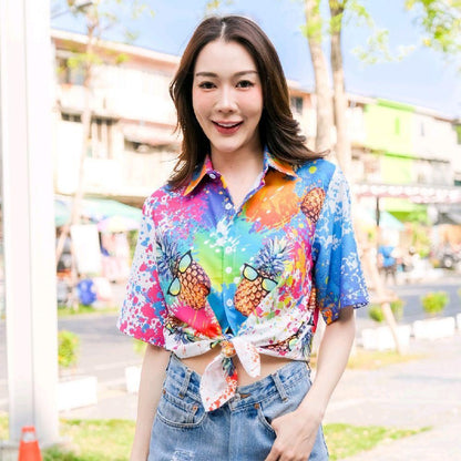 GQD01 เสื้อฮาวายลายใหม่2025 สาดสีสับปะรด ไซส์เด็ก-ผู้ใหญ่ ผ้าโพลีพรีเมี่ยม งานป้าย ลายคมชัด  *1ตัว*