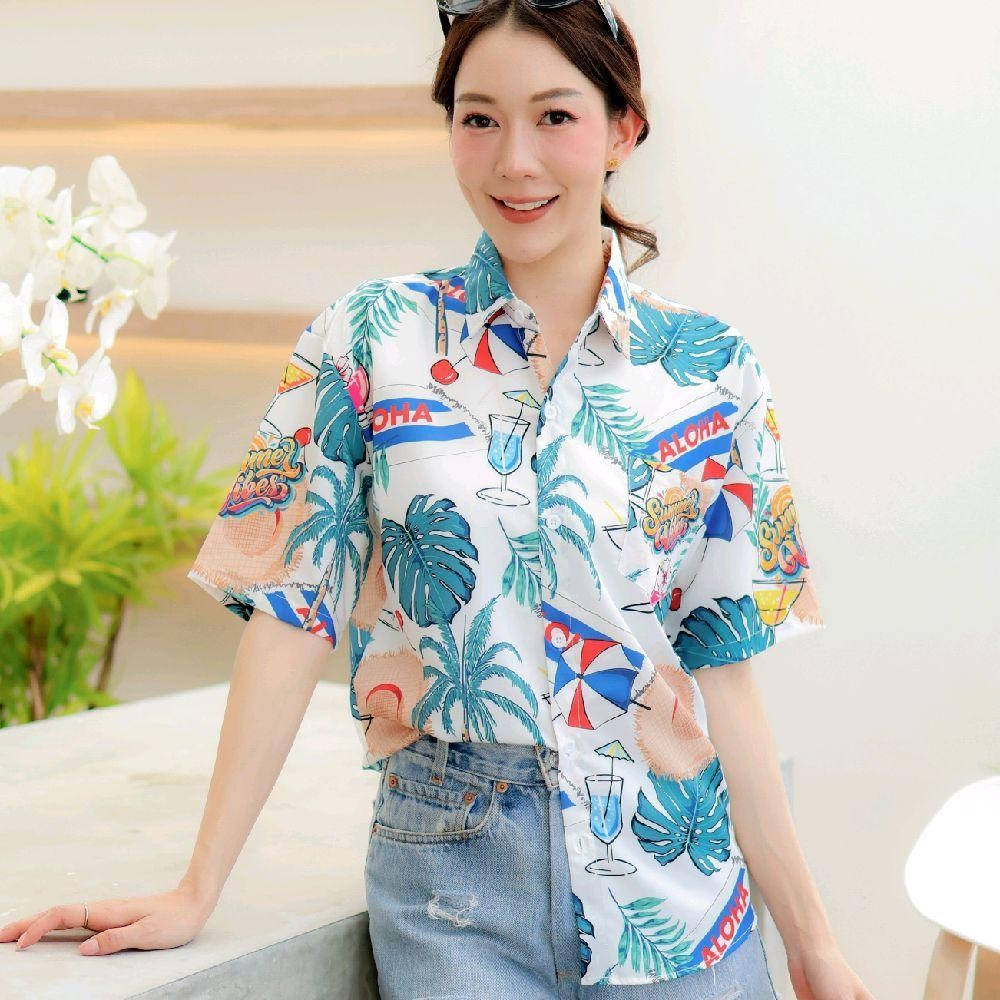 PINK3131 เสื้อฮาวายลายดอก ทรงวัยรุ่น หญิงชายใส่ได้ มีไซส์38-56นิ้ว ผ้าโพลีพรีเมี่ยม งานปัาย ลายคมชัด **1ตัว**